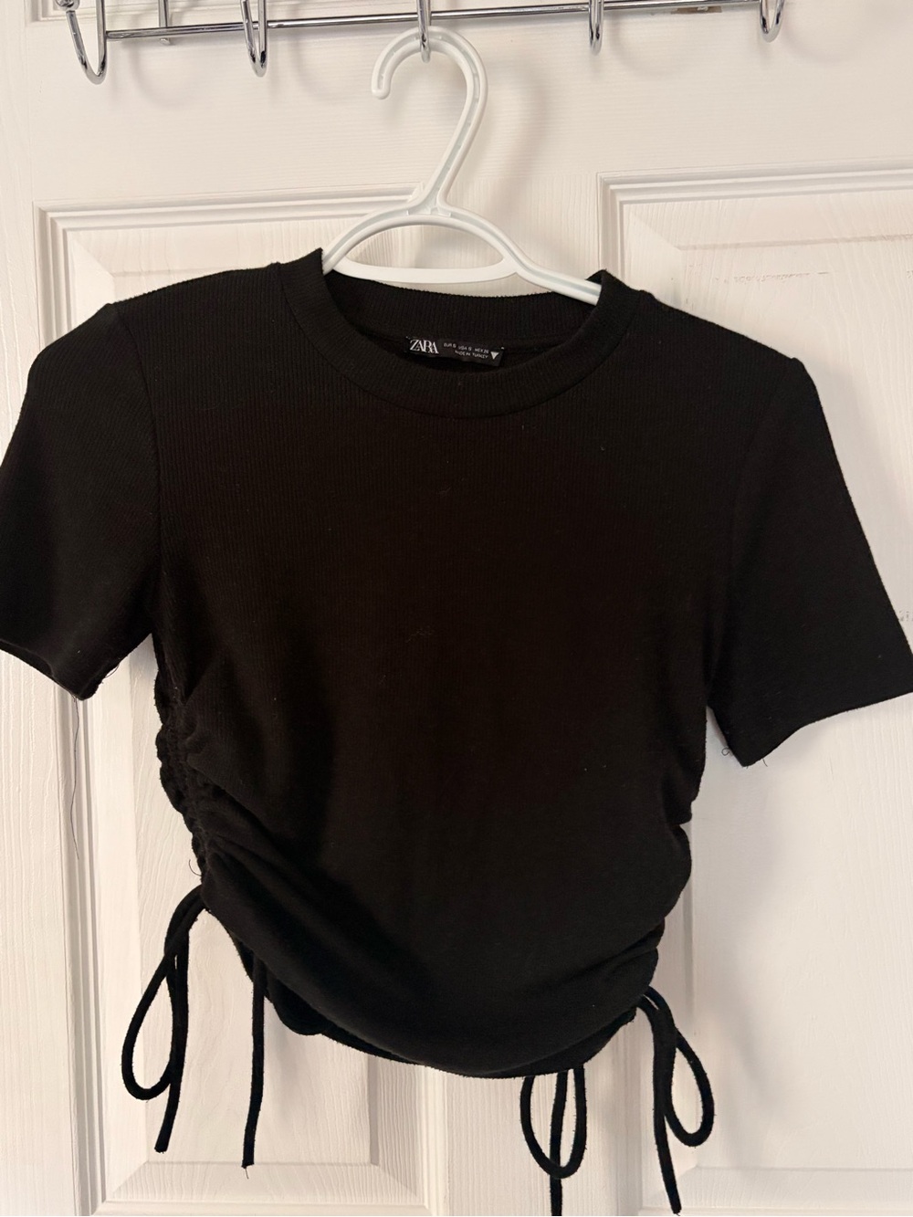 Zara Black Short-Sleeve Side Ruched Tie Top